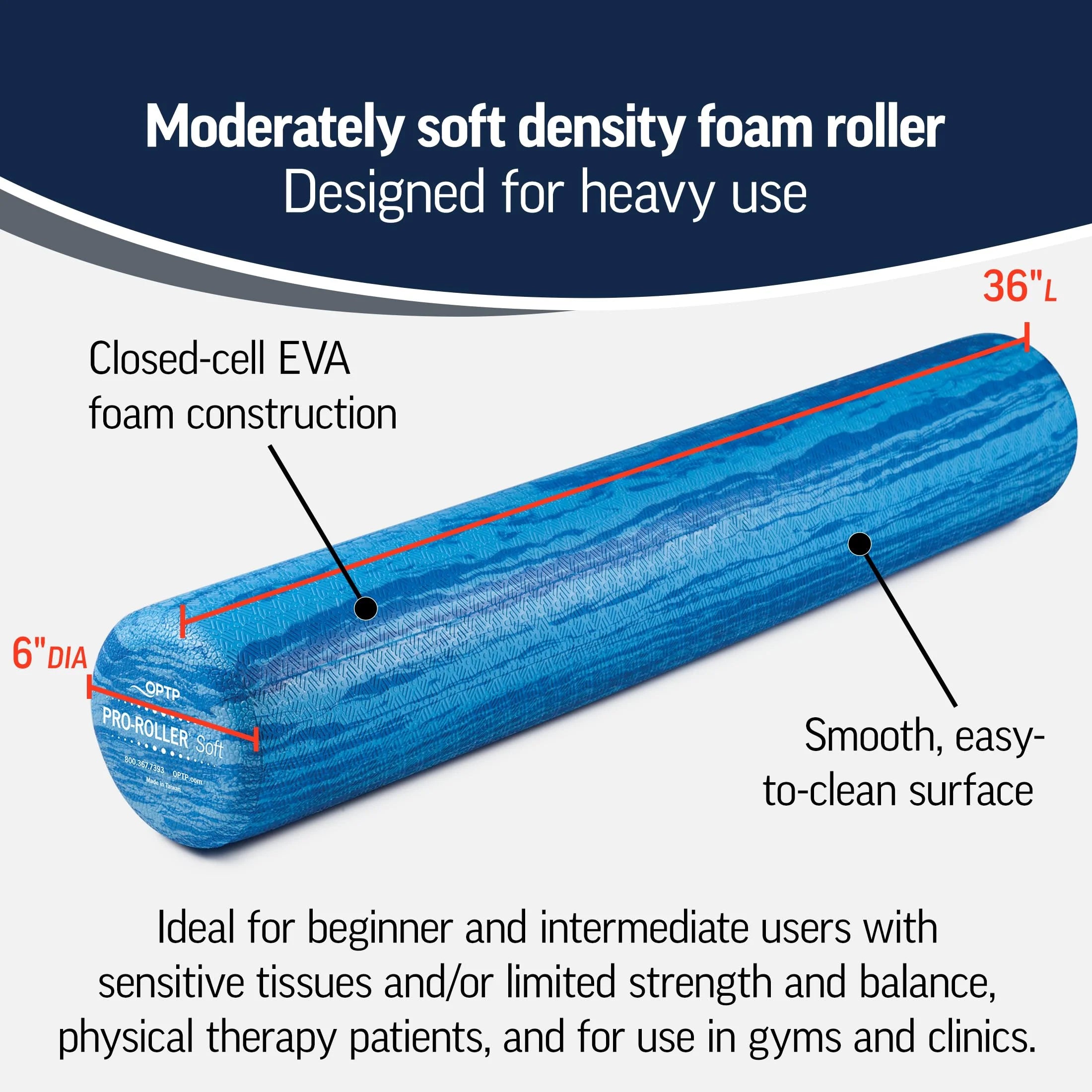 Pro-Roller Soft Density Foam Roller – Low Density Soft Foam Roller for Physical Therapy, Pilates Foam Roller and Yoga Foam Roll Exercises, and Muscle Recovery - Blue 36" X 6"