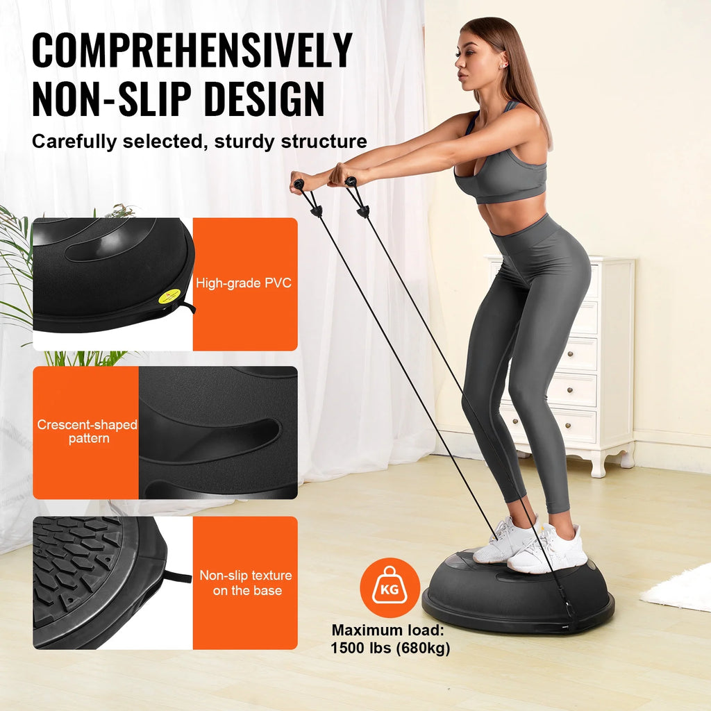 Half Balance Ball Trainer, 25-Inch Stability Ball with a 1500Lbs Weight Limit, Includes Resistance Bands & Foot Pump for a Comprehensive Home Gym Experience, Ideal for Full Body Fitness, Black