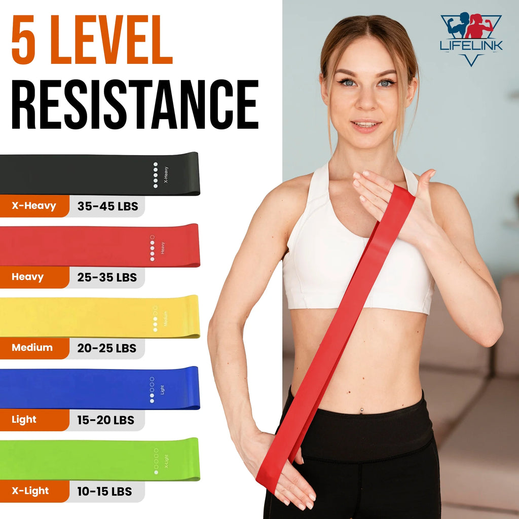 Lifelink 5 Piece Resistance Bands Set for Exercise Pilates Yoga and Physical Therapy Natural Latex with Carry Bag
