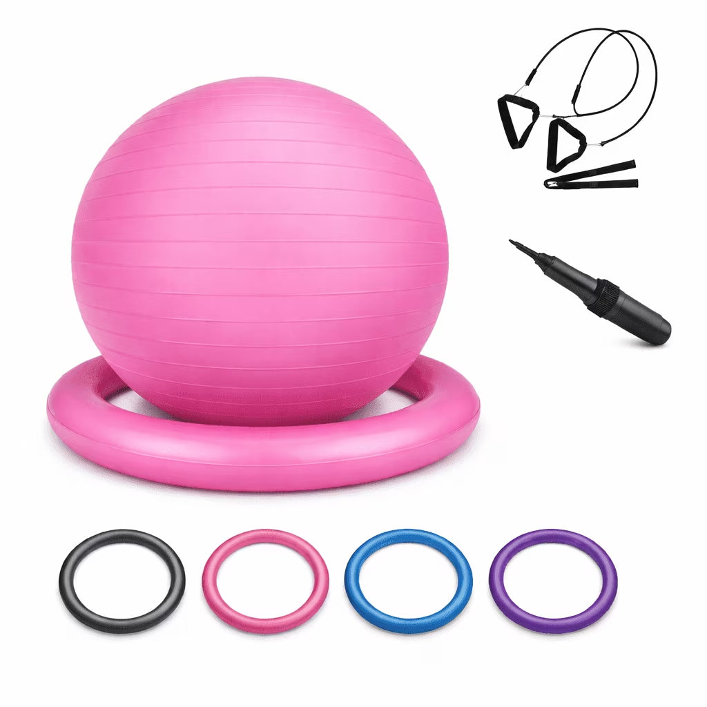 65Cm Yoga Ball with Base & Resistance Bands – Anti-Burst Matte Stability Ball – 750 Lb Capacity – Includes Pump & Straps – 1 Pack – Pink