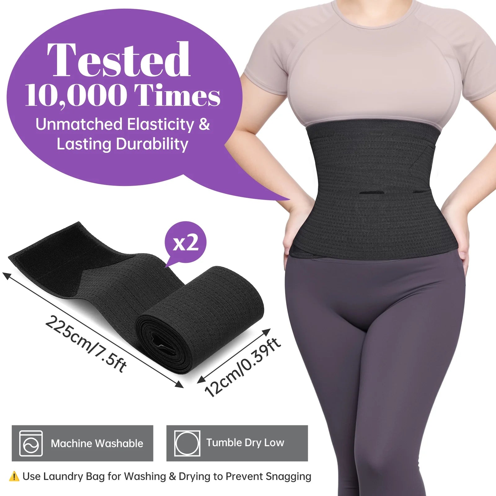 Adjustable Waist Trainer Wrap for Women 2PCS, 180In Total Length Breathable Stretch Fabric, Tummy Control, Back Support, Body Shaping Belt for Workout, Daily Wear, Posture Correction (Black)