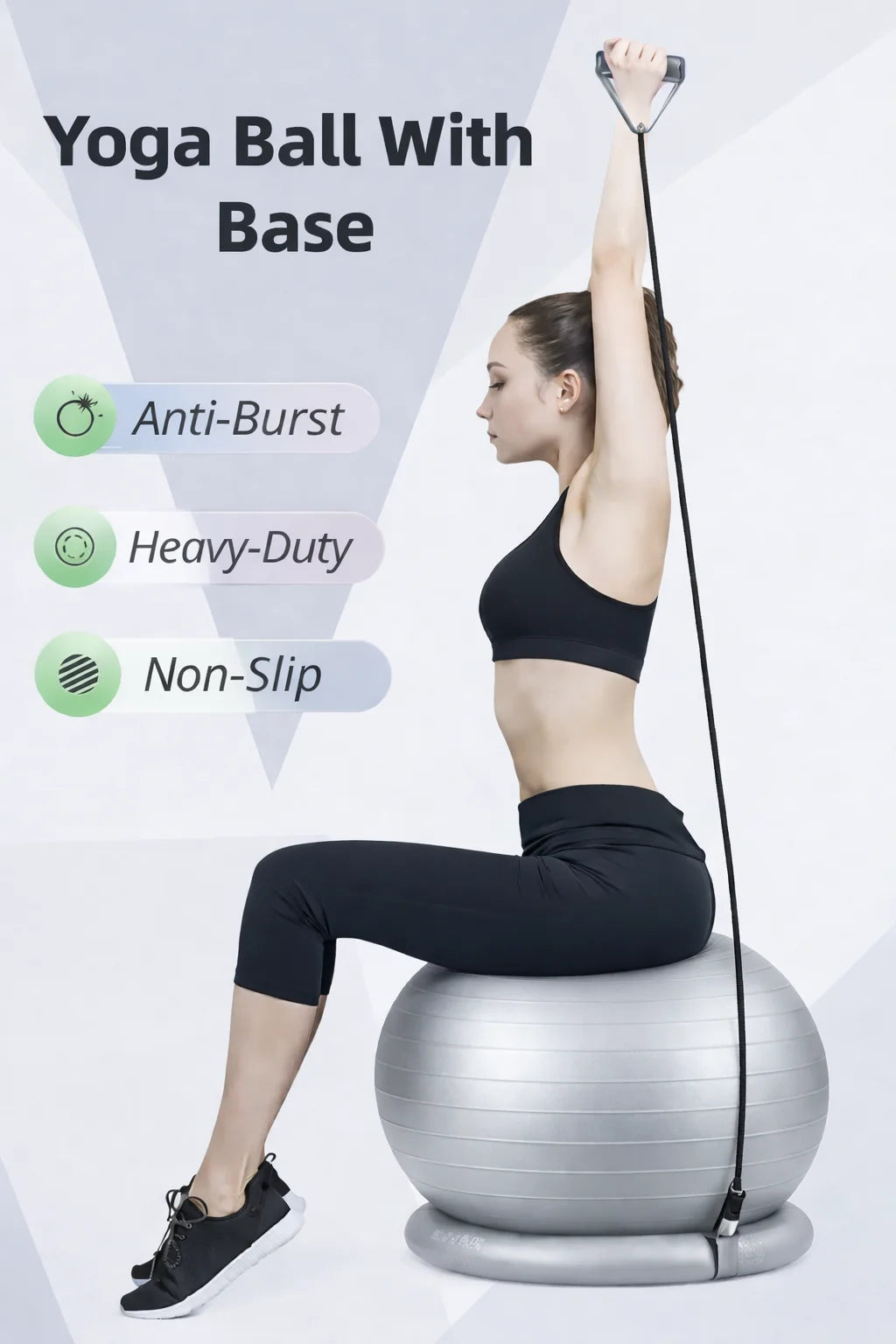 65Cm Yoga Ball with Base & Resistance Bands – Anti-Burst Matte Stability Ball – 750 Lb Capacity – Includes Pump & Straps – 1 Pack –Silver