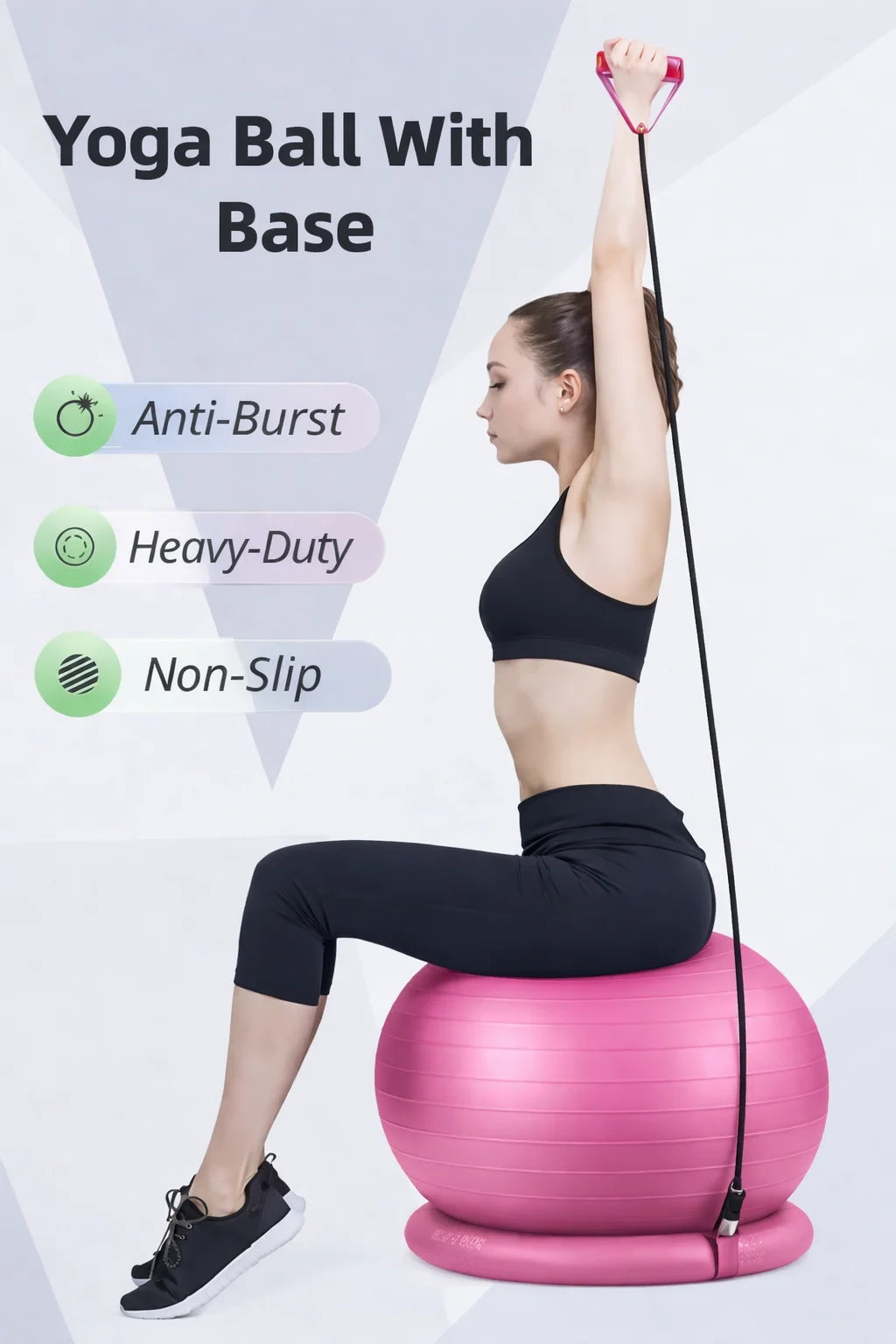 65Cm Yoga Ball with Base & Resistance Bands – Anti-Burst Matte Stability Ball – 750 Lb Capacity – Includes Pump & Straps – 1 Pack – Pink
