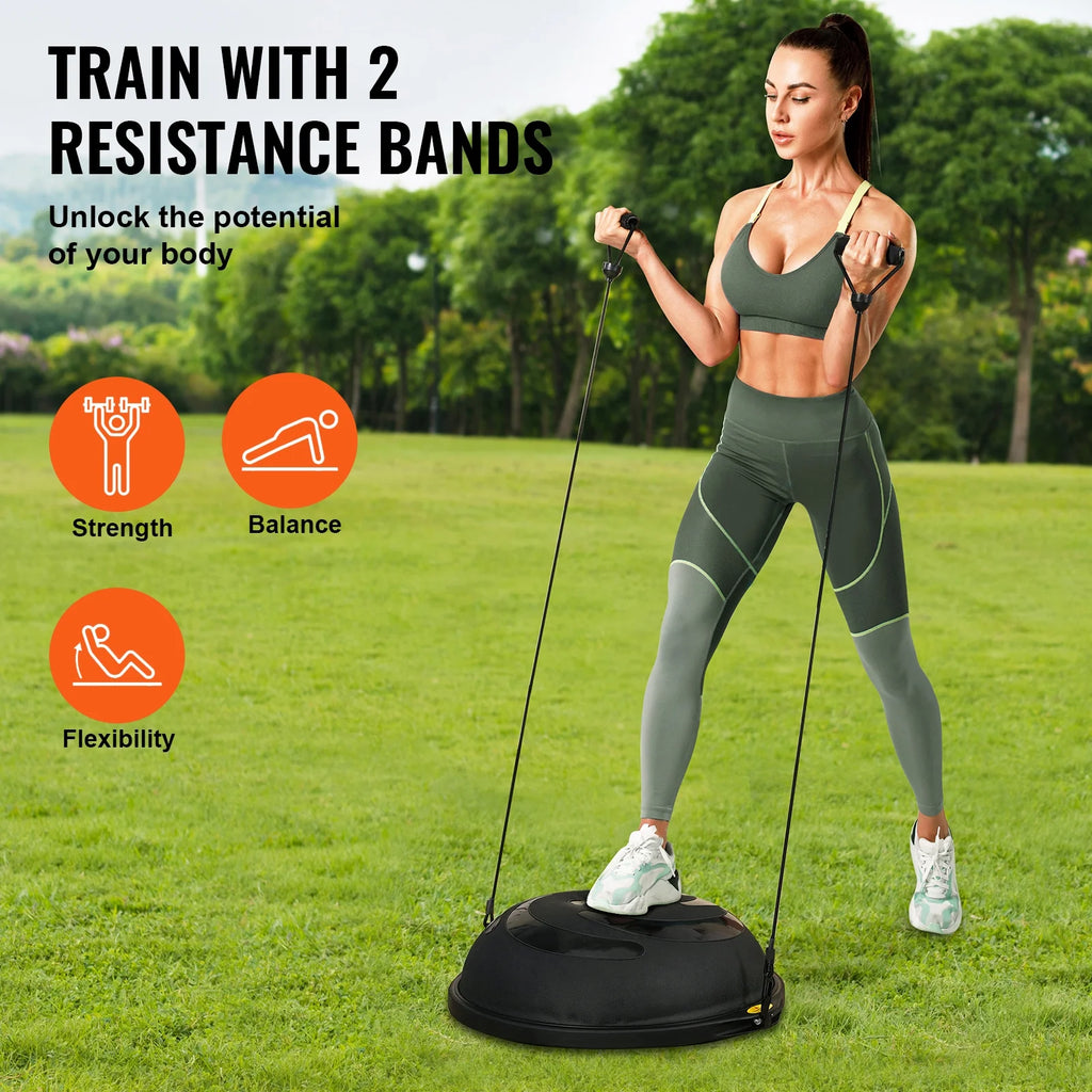 Half Balance Ball Trainer, 25-Inch Stability Ball with a 1500Lbs Weight Limit, Includes Resistance Bands & Foot Pump for a Comprehensive Home Gym Experience, Ideal for Full Body Fitness, Black