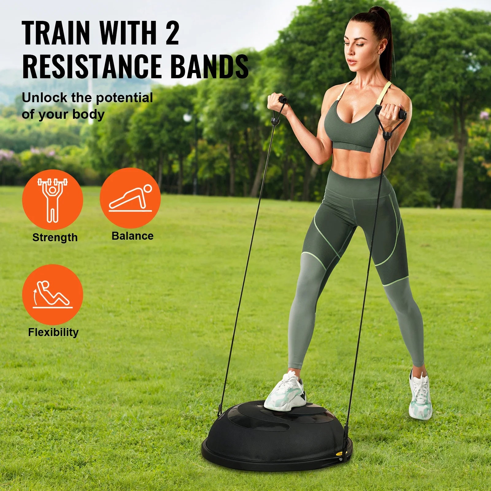 Half Balance Ball Trainer, 25-Inch Stability Ball with a 1500Lbs Weight Limit, Includes Resistance Bands & Foot Pump for a Comprehensive Home Gym Experience, Ideal for Full Body Fitness, Black