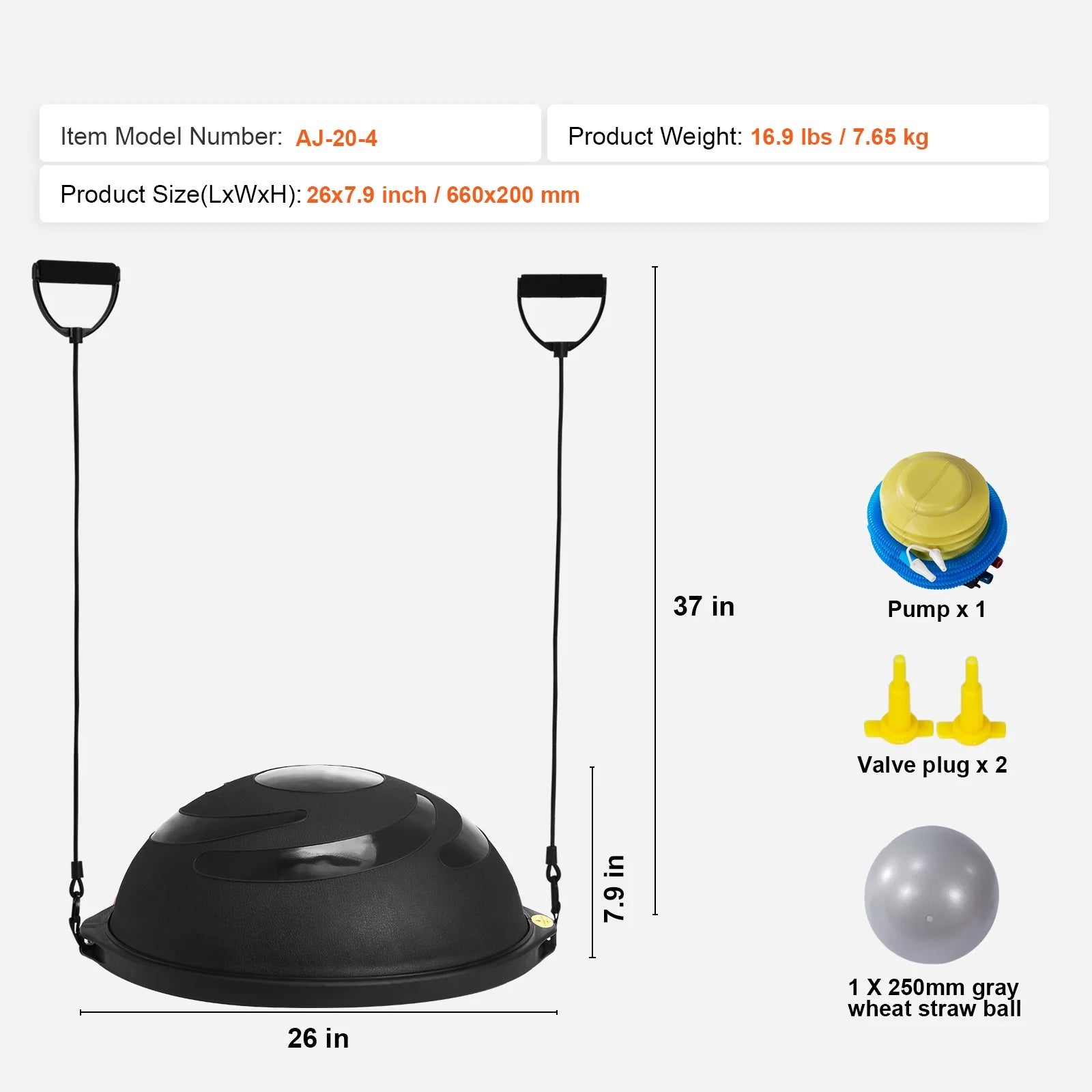 Half Balance Ball Trainer, 25-Inch Stability Ball with a 1500Lbs Weight Limit, Includes Resistance Bands & Foot Pump for a Comprehensive Home Gym Experience, Ideal for Full Body Fitness, Black