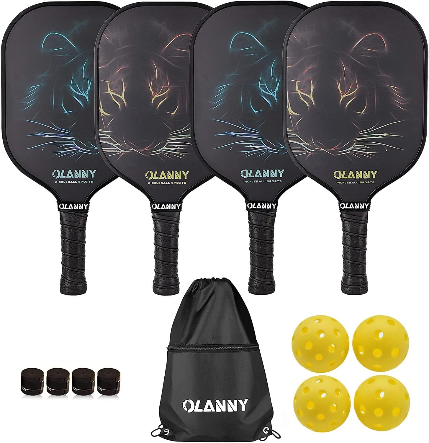 OLANNY Graphite Pickleball Paddles Set- Premium Rackets Fiber Face & Polymer Honeycomb Core Pickleball Set Includes Pickleball Paddles + Pickleball Balls+ Replacement Soft Grip + 1 Bag