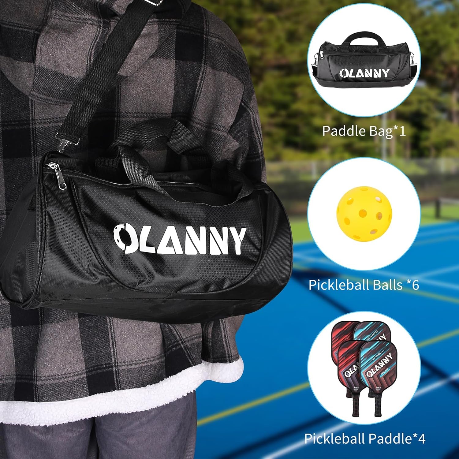 OLANNY Graphite Pickleball Paddles Set- Premium Rackets Fiber Face & Polymer Honeycomb Core Pickleball Set Includes Pickleball Paddles + Pickleball Balls+ Replacement Soft Grip + 1 Bag
