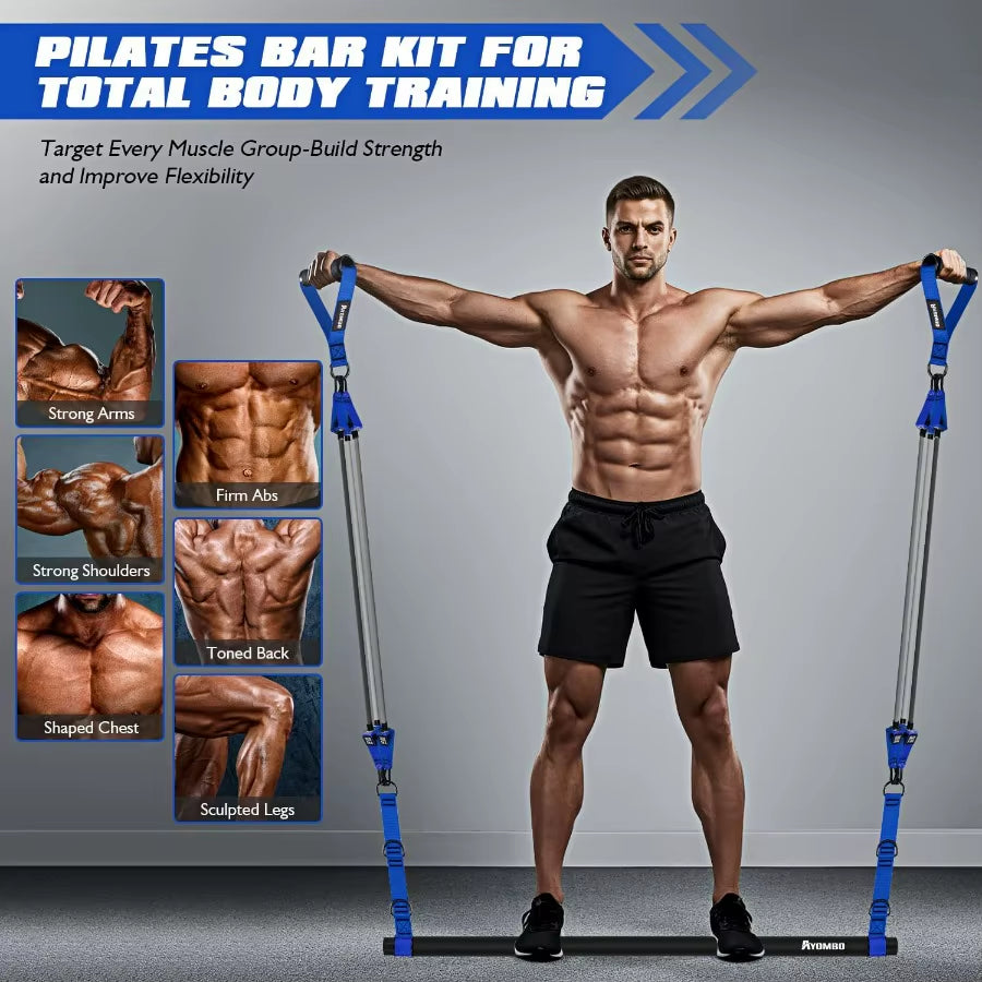 Pilates Equipment, Heavy Duty Pilates Bar Kit with Resistance Bands, Portable Gym Adjustable Exercise Bands, Home Squat Training