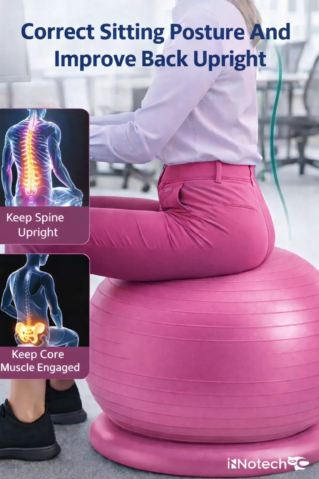 65Cm Yoga Ball with Base & Resistance Bands – Anti-Burst Matte Stability Ball – 750 Lb Capacity – Includes Pump & Straps – 1 Pack – Pink