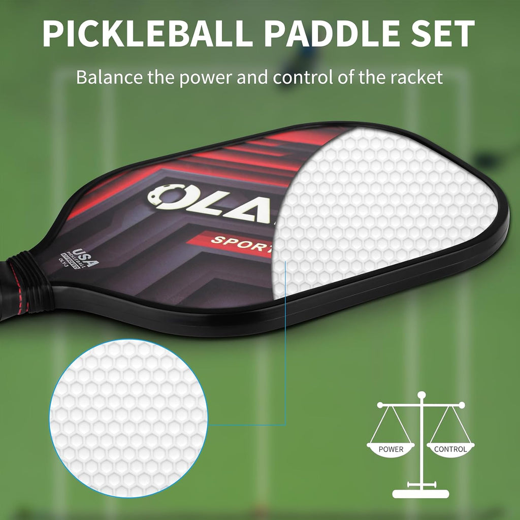 OLANNY Graphite Pickleball Paddles Set- Premium Rackets Fiber Face & Polymer Honeycomb Core Pickleball Set Includes Pickleball Paddles + Pickleball Balls+ Replacement Soft Grip + 1 Bag