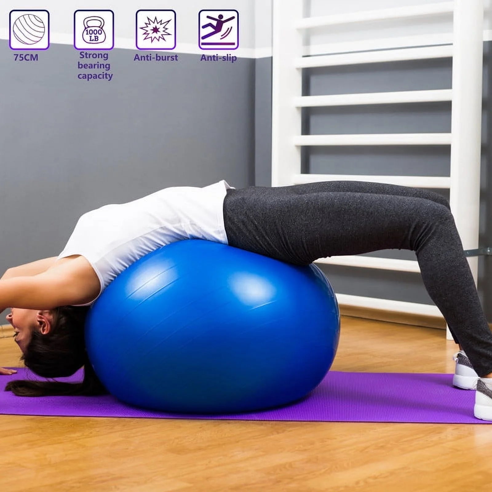 Exercise Ball Yoga Ball, 75Cm Large Anti-Burst Gym Grade Birthing Ball for Pregnancy, Fitness, Balance, Pilates Workout and Physical Therapy, Extra Thick Stability Balls with Quick Pump, Blue