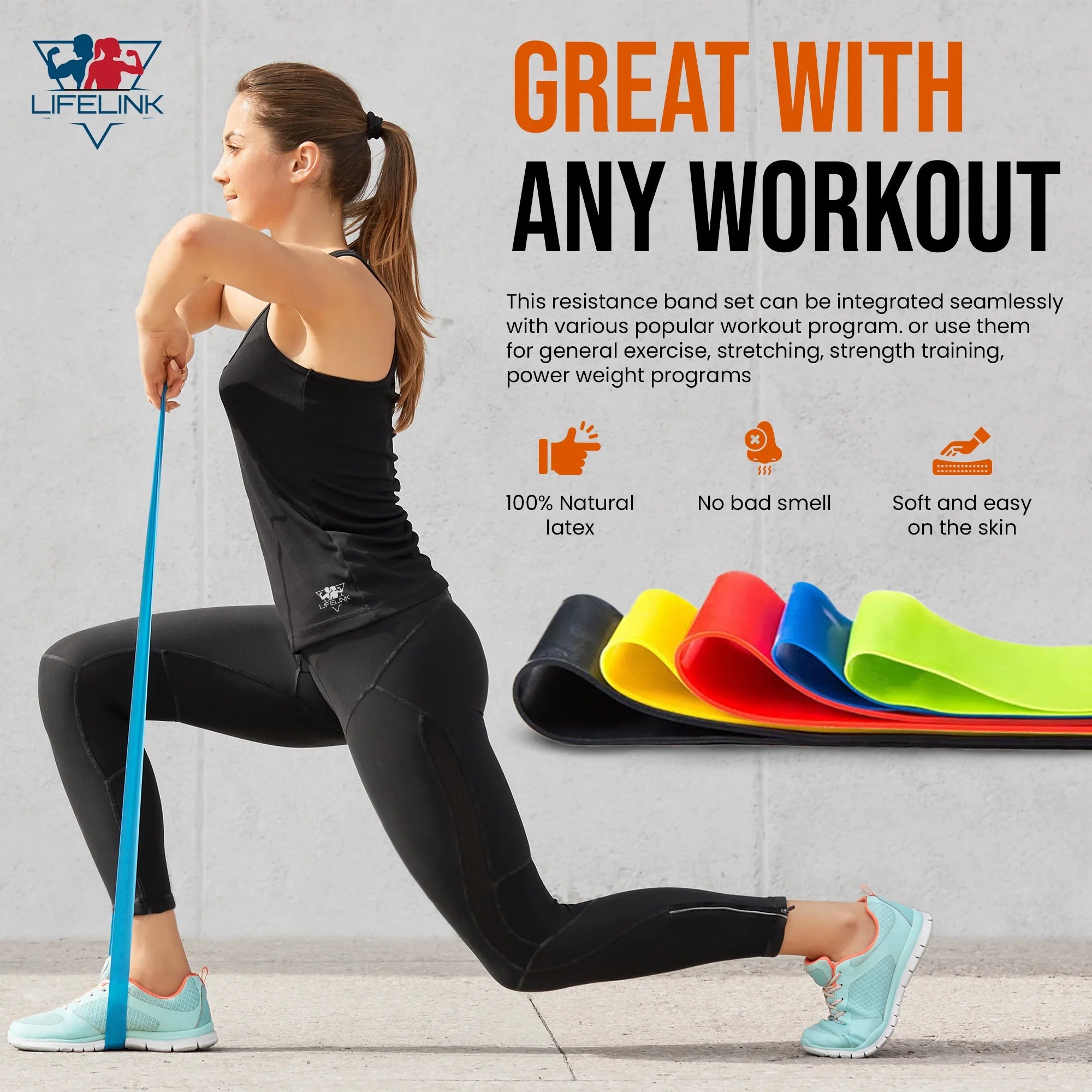 Lifelink 5 Piece Resistance Bands Set for Exercise Pilates Yoga and Physical Therapy Natural Latex with Carry Bag