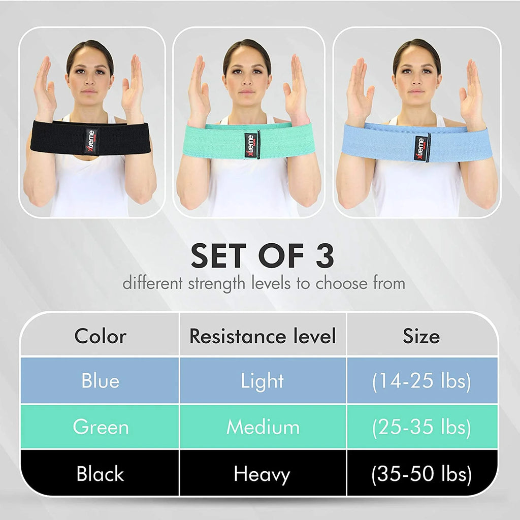 Fabric Resistance Bands Set, 3 Pack (Light, Medium, Heavy) Non-Slip Workout Bands